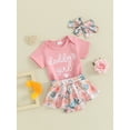 thumbnail image 3 of Suealasg Baby Girl 3 Piece Summer Beach Clothes Set Short Sleeve Letter Print Romper Tops + Floral Skirt Shorts +Headband Newborn Girls Father's Day Outfits, 3 of 9