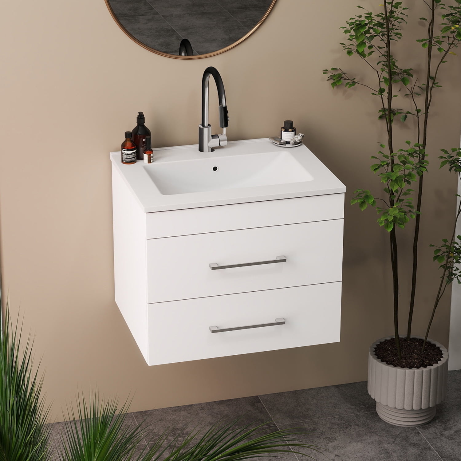 Demi Bonn 24" Wall-Mounted Bathroom Vanity with Ceramic Sink and 2 Soft-Close Drawers, Faucets and Drains Not Included, White