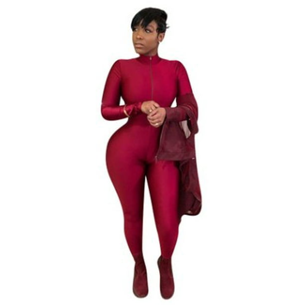 Mersariphy Mersariphy Women Sexy Solid Color Jumpsuit Long Sleeve Zipper Open Front Skinny And Tight One Piece Black Grey Blue Red Rosy Brown Green Walmart Com Walmart Com