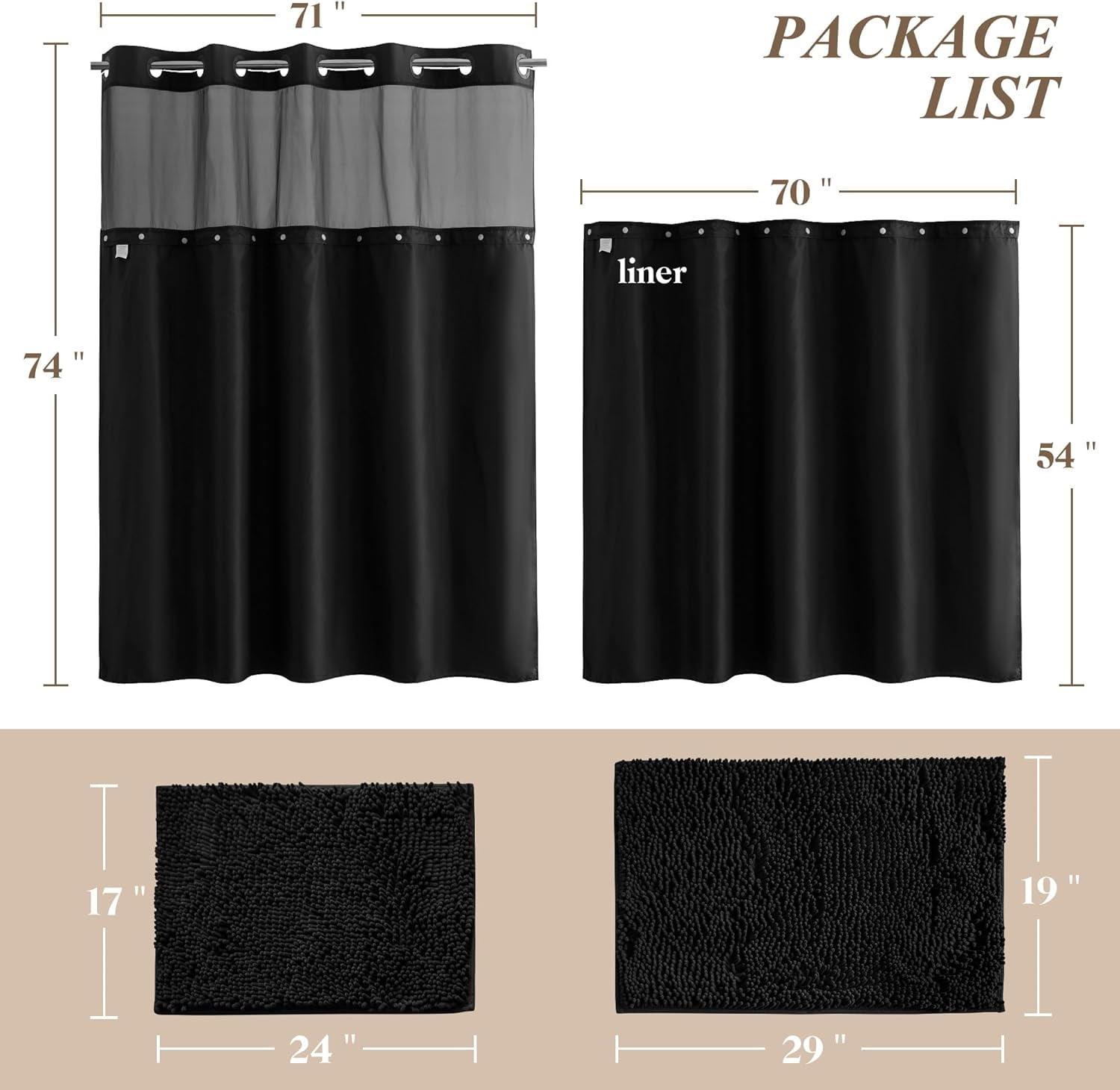 3 Pcs No Hook Black Shower Curtain Set with Chenille Bath Rugs - 71" x 74" Shower Curtain with Snap-in Fabric Liner & Non-Slip Water Absorbent Bathroom Mats Set Accessories