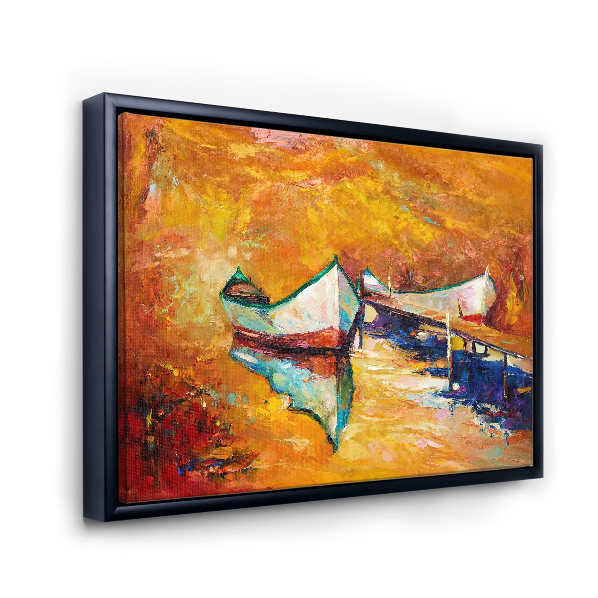 Designart 'Little Boat During Warm and Orange Evening' Nautical & Coastal Framed Canvas Wall Art Print