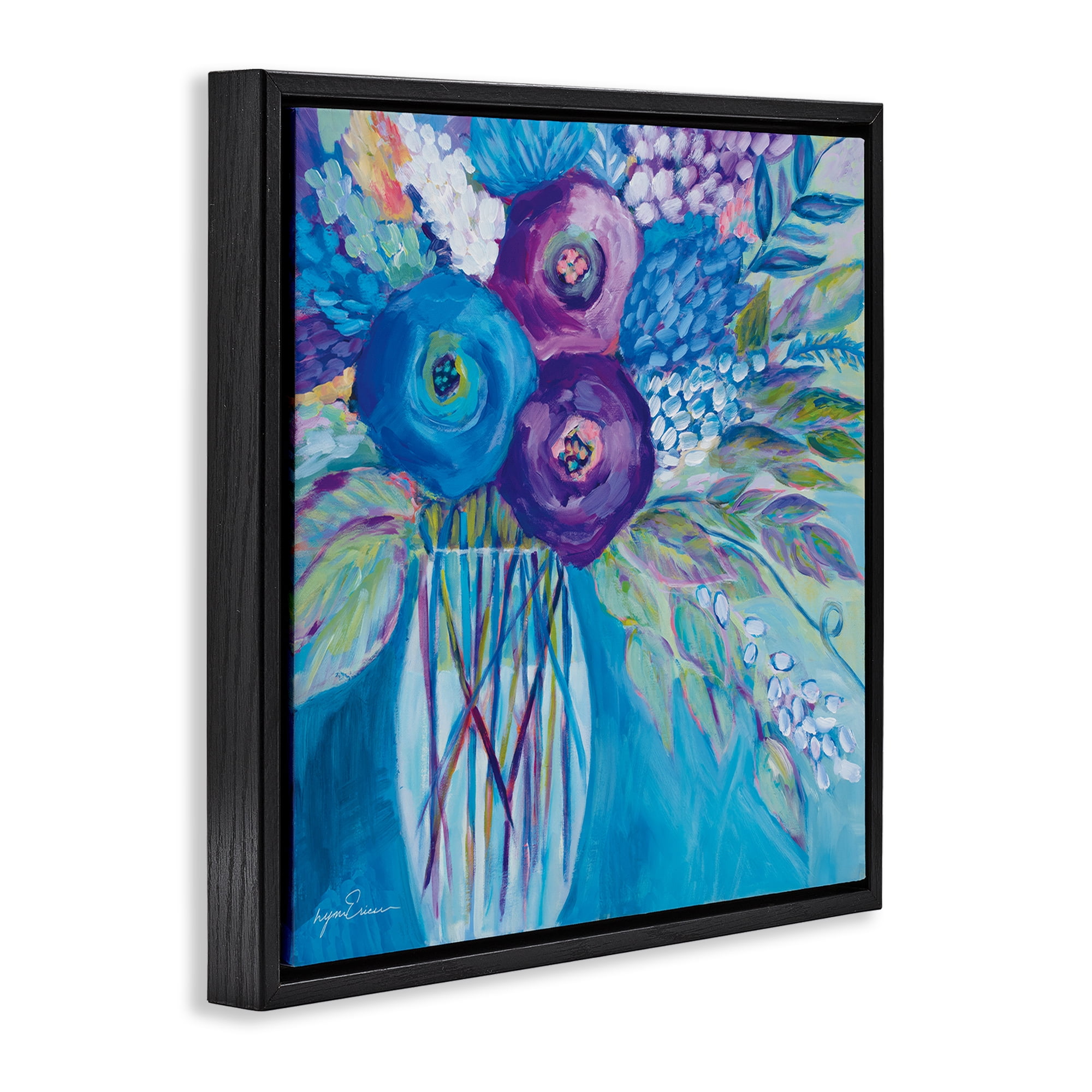 Stupell Industries True Blue Flower Bouquet Black Framed Floater Canvas Wall Art, design by Lynn Ericson Fine Art