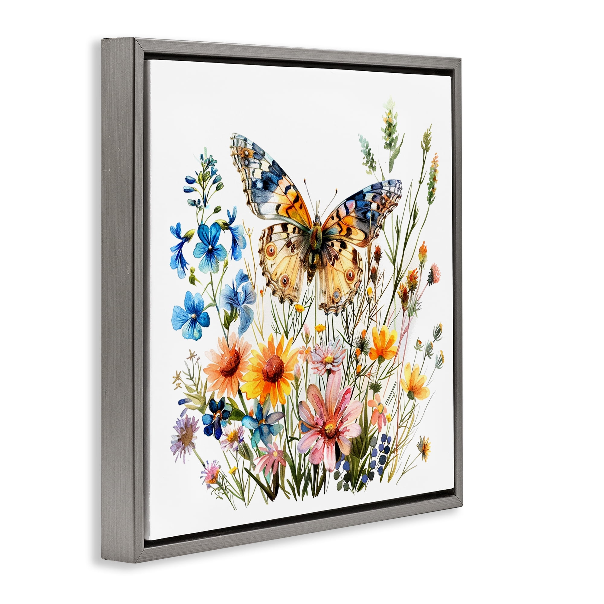 Stupell Industries Spring Butterfly Garden Insects Painting Gray Floater Framed Canvas Art Print Wall Art, 25 x 25