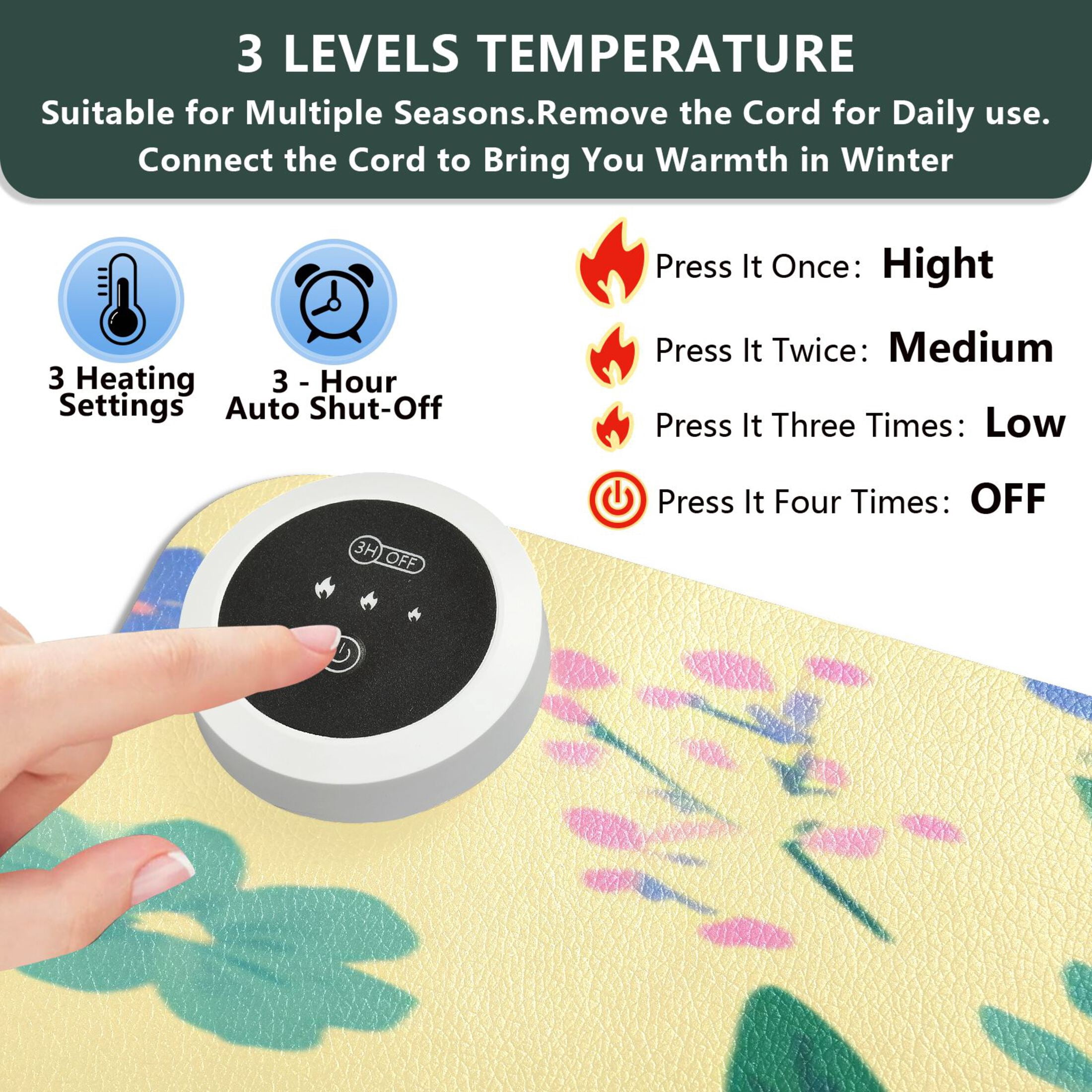 Large Heated Desk Mat Mouse Pad 31.5"x13"PU Leather Graphene Heating Desk Warmer with 3 Temperature Settings 110V US Plug Non-Slip Warm Pad for Home, Office, and Gaming Spring Meadow Floral Print
