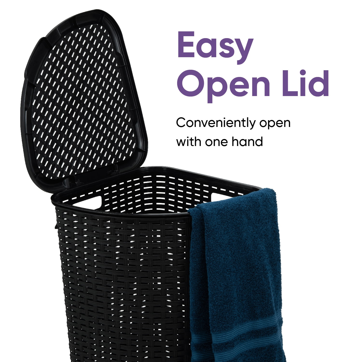 Corner Laundry Hamper Basket with Lid, 50 Liter - Black