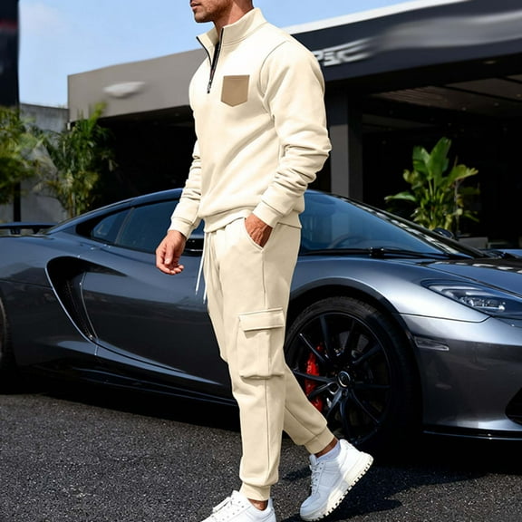 SYMOID Mens Khaki Cargo Tracksuit - Quarter Zip 100% Polyester 2-Piece (Top & Pants) for Casual Daily Wear & Light Sports, S-XXXL,Size L