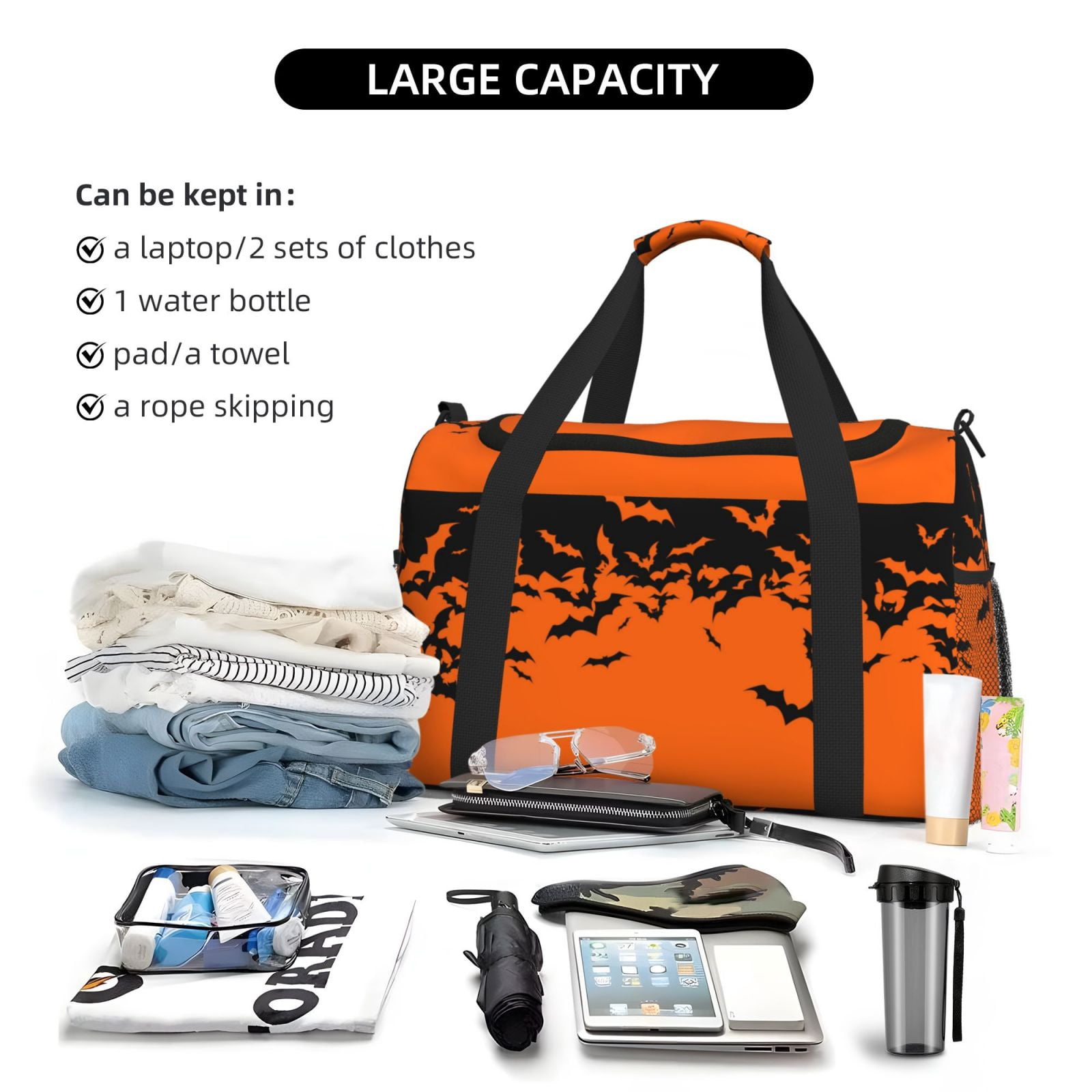 Fuzoiu Halloween With Black Bats Print Travel Duffle Bag,Carry On Tote Bags,Duffel Bag,Sport Gym Bag, Hospital Bag for Labor and Delivery, Overnight Bag,Luggage Bag