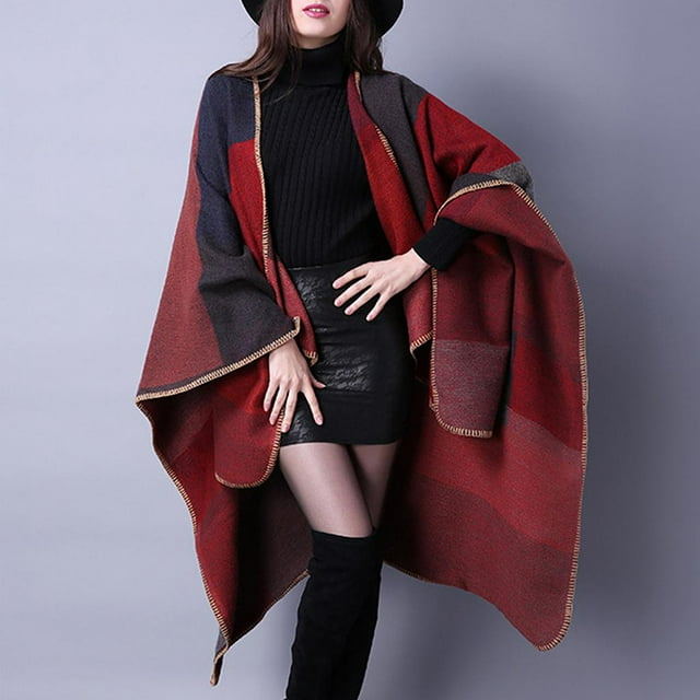 Manta de Capa Cálida para Mujer Cárdigan de Tela Escocesa con Chal de Poncho con Frente Abierto para Mujer - rojo, Única BLESIY Capa delantera abierta para poncho