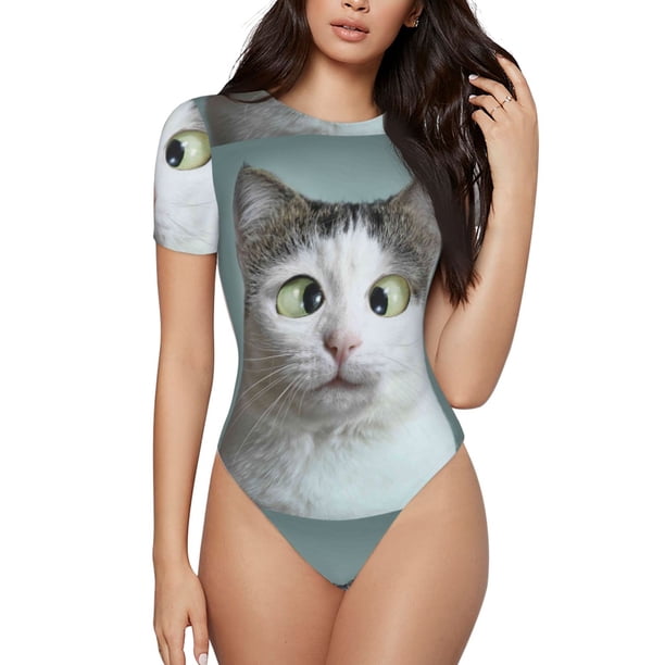 Balery Funny Cat Body de cuello redondo de manga corta para mujer Tops de manga corta Tops básicos-XX-Large