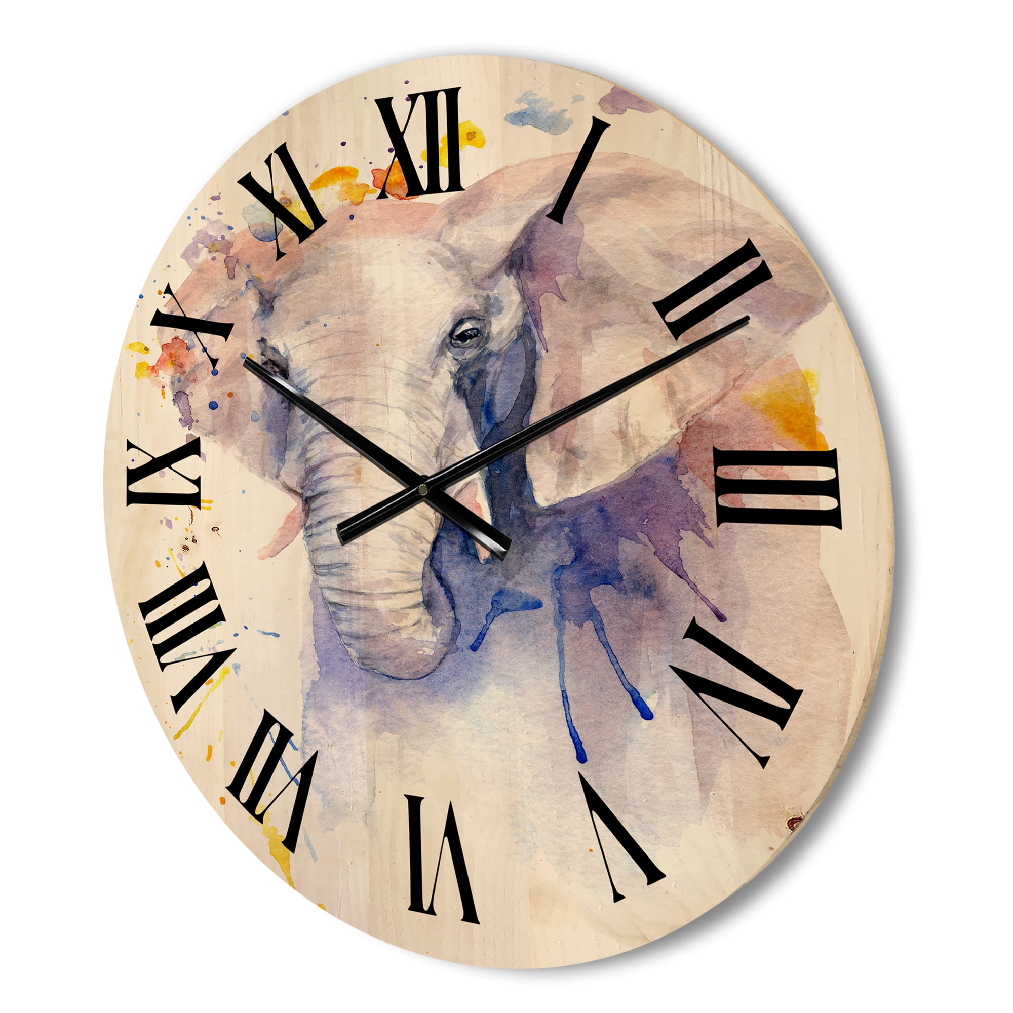 Designart 'Portrait of An Elephant Yellow and Blue Strokes' Farmhouse Wood Wall Clock