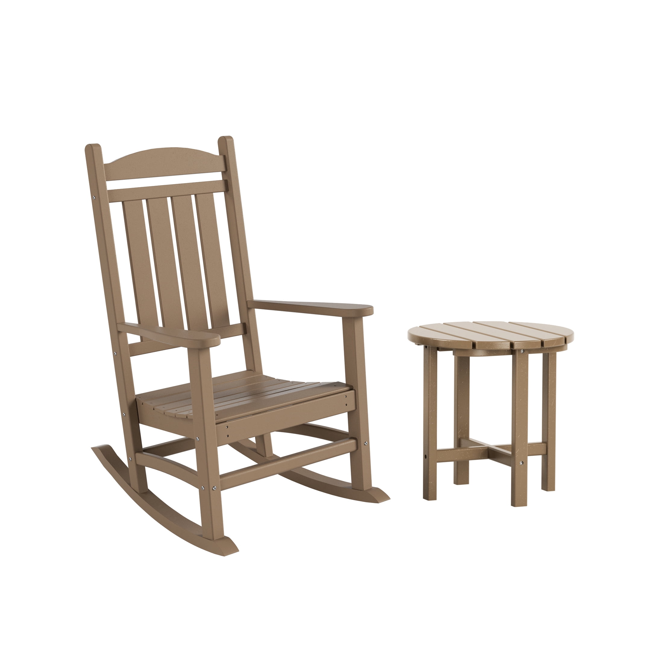 GARDEN 2-Piece Set Classic Plastic Porch Rocking Chair with Round Side Table Included, Weathered Wood