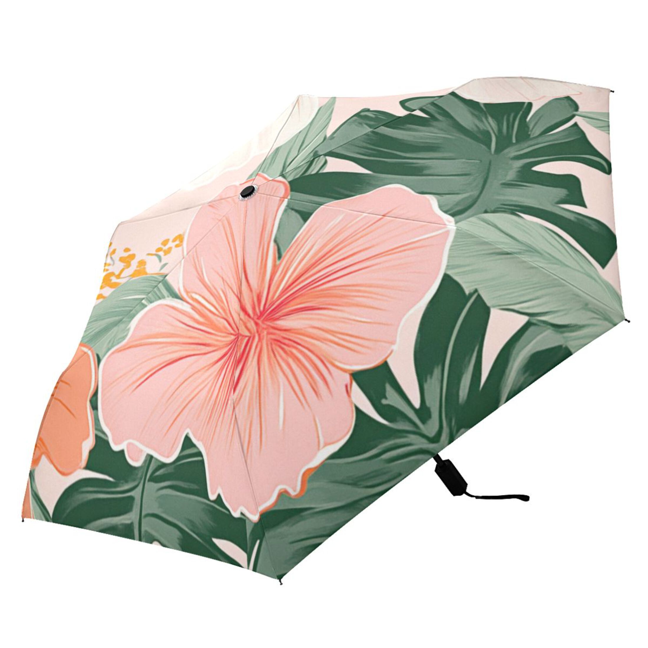 Colorful Hibiscus Florals Palm Leaves Hawaii All Weather Umbrella Triple Folding Parasol 6 Ribs UV Protection Portable