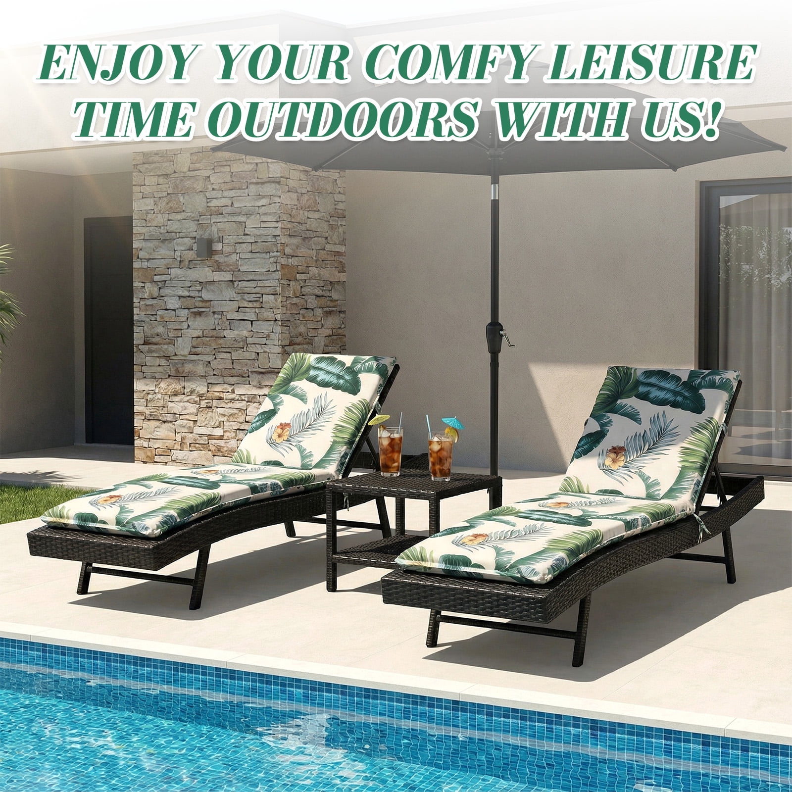 Eurhowing Outdoor Chaise Lounge Cushion 76"×23"×3", Waterproof Thick Patio Furniture Cushions with Straps, High-Density Foam Chair Pads for Poolside & Deck, 1 Pack, Hawaiian