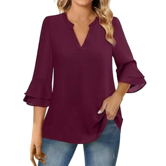 OSOLU Women Fashion Solid Color V-Neck Casual 3/4 Sleeve Pearl Chiffon T-Shirt Tshirts Tee Tops Fashionable Dailywear