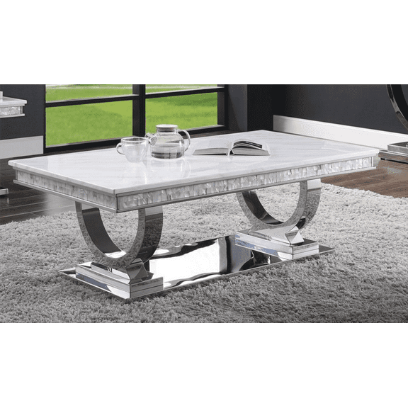 Zander White Faux Marble Top Coffee Table with 18mm Thick Surface & Mirrored Silver Finish