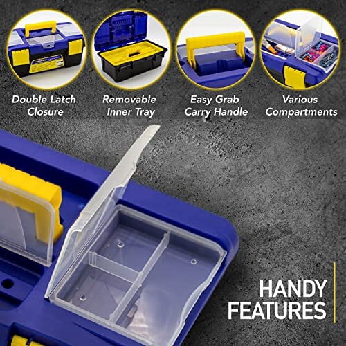 GOODYEAR - 13 Inch Small Tool Box with [Removable Side Comportment], Plastic Box with Handle, Tool Organizer Storage Box, Removable Inner Tray, Lightweight & Easy to Carry, Mini Toolbox