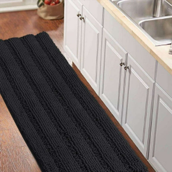 Luxurious Non-Slip Shaggy Chenille Kitchen Runner Black Kitchen Rug Ultra Soft Plush Carpet Mat Shag Shower Bath Runner Absorbent Large Bath Mat for Entryway, Size 59 & 20 Inches, Black