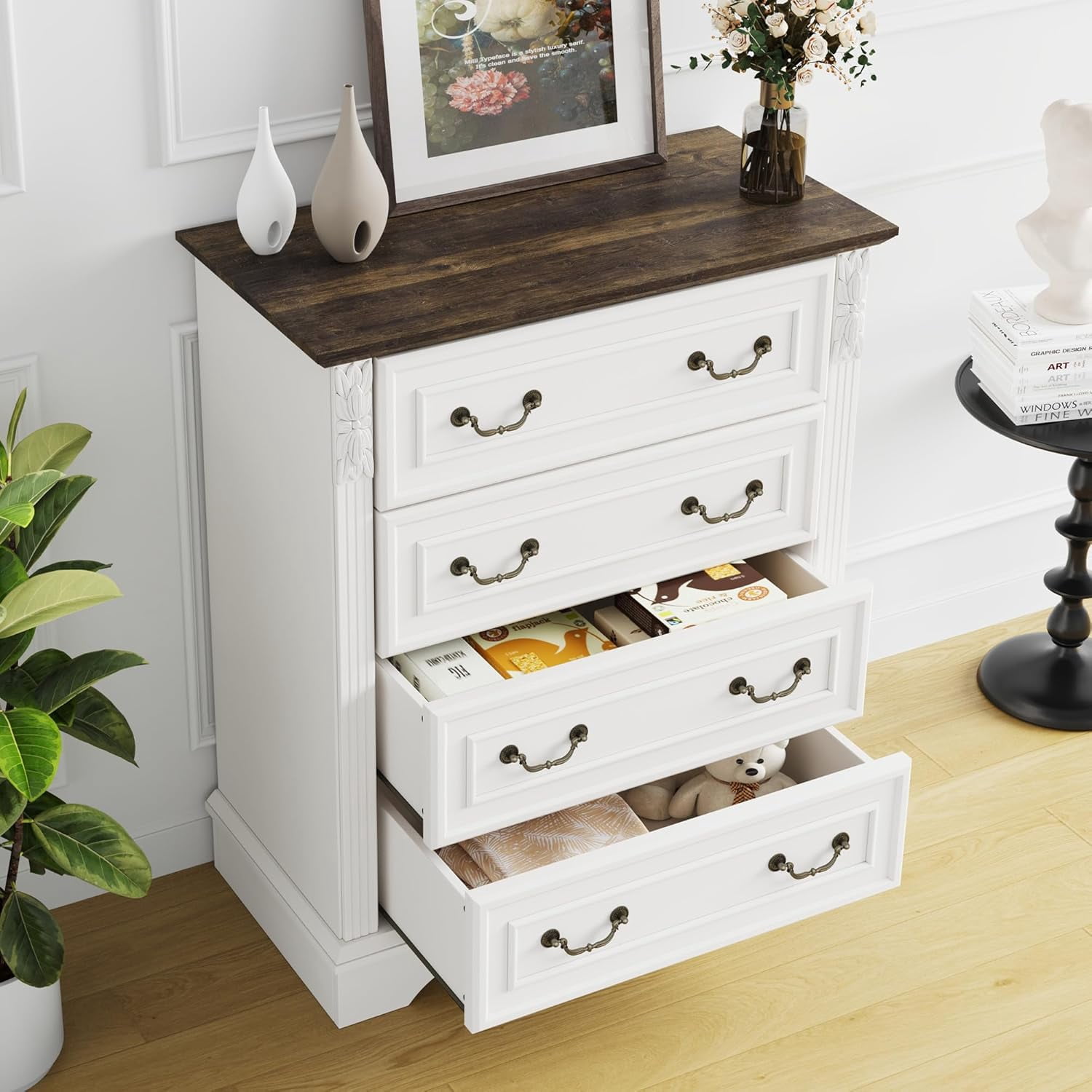 BOSHIRO 4-Drawer Dresser for Bedroom, Farmhouse Carved Storage Chest Organizer with Brown Top, Antique White Finish