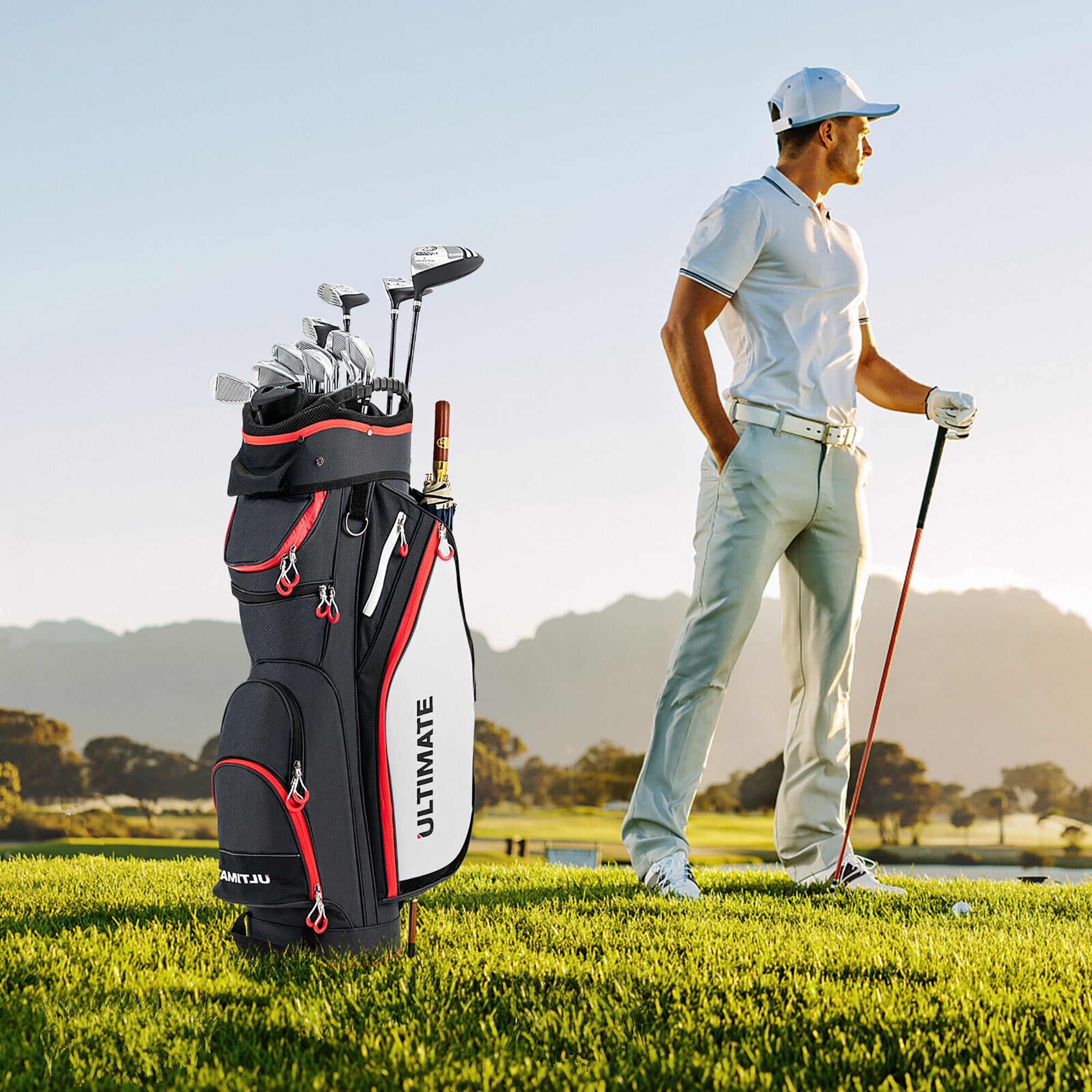 Gymax 9.5" Golf Cart Bag w/14 Divider Rain Hood Cooler Bag 8 Pockets