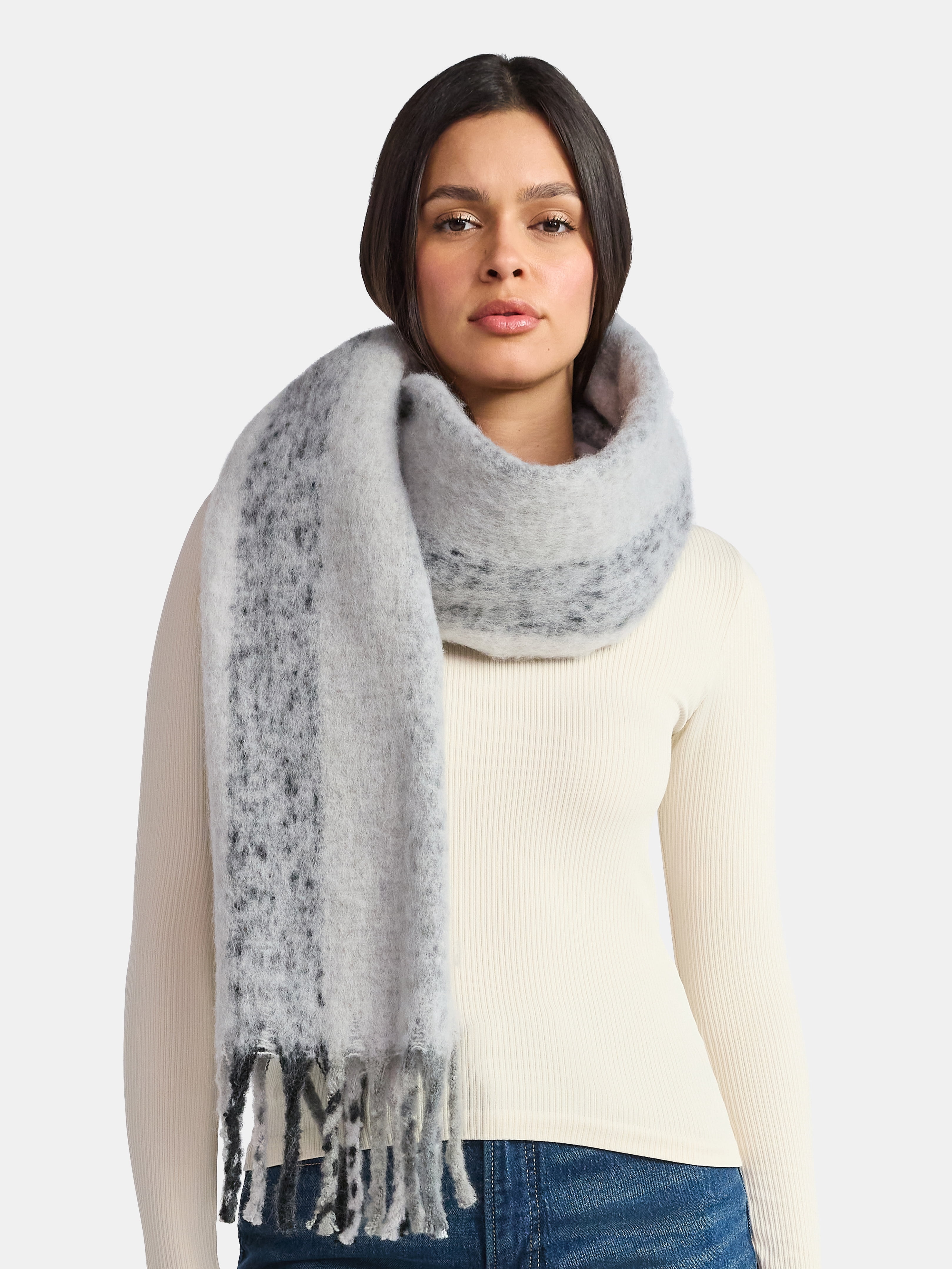 Time and Tru Women's Grey Black Multi Pattern Blanket Scarf, One Size, for Adults