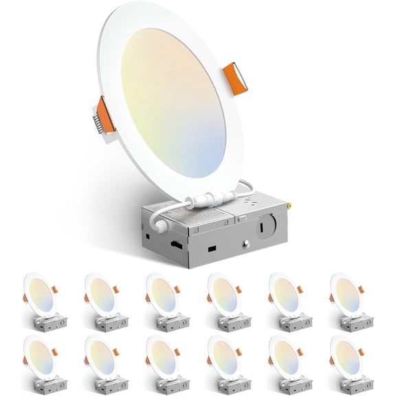 12 Pack 6 Inch 5CCT Ultra-Thin LED Recessed Ceiling Light with Junction Box, Dimmable Canless Wafer Downlight, 12W, 1050LM Brightness, ETL&FCC