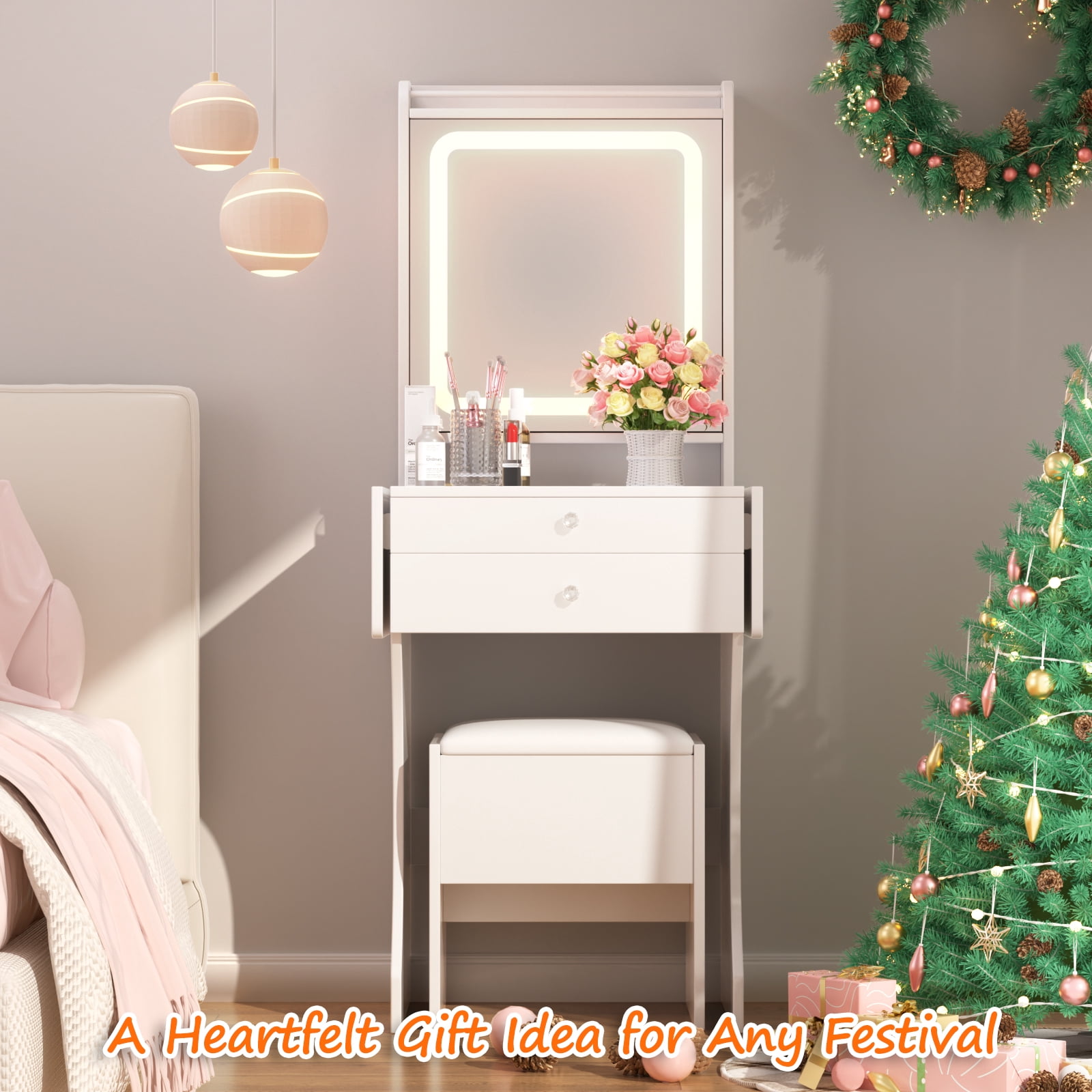 Mintazer Compact Vanity Desk with LED Mirror & Foldable Side Tables, Makeup Vanity Set with Tempered Glass Top & 2 Drawers and Stool, White