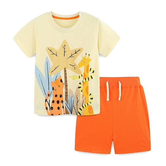 JAKANYQ Children Boys Outfit Fashion Printed Short Sleeved Home Clothes Two Piece Set Sporty Chic, Orange, 6-7 Y