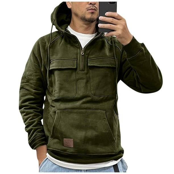 Men s Hooded Solid Color Sweater European And American Youth Sports Multi Pocket Patch Leather Sweater Jacket XL