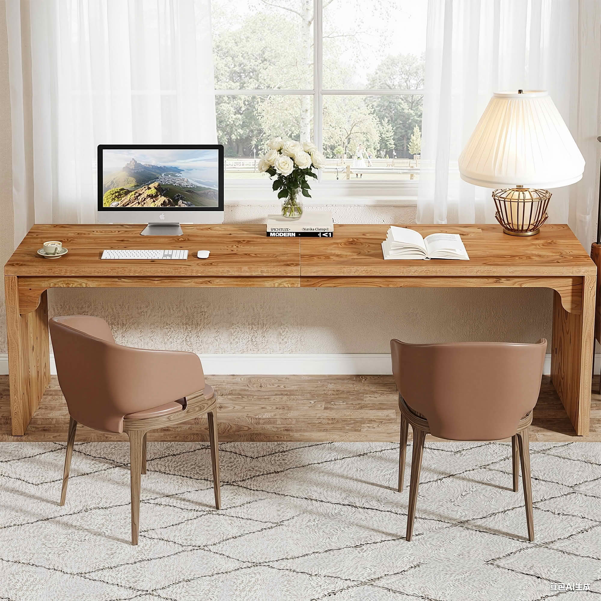 MAYEERTY 78.7 Inch Two Person Long Computer Desk, Wood Grain E1 Board Double Workstation with Metal Frame