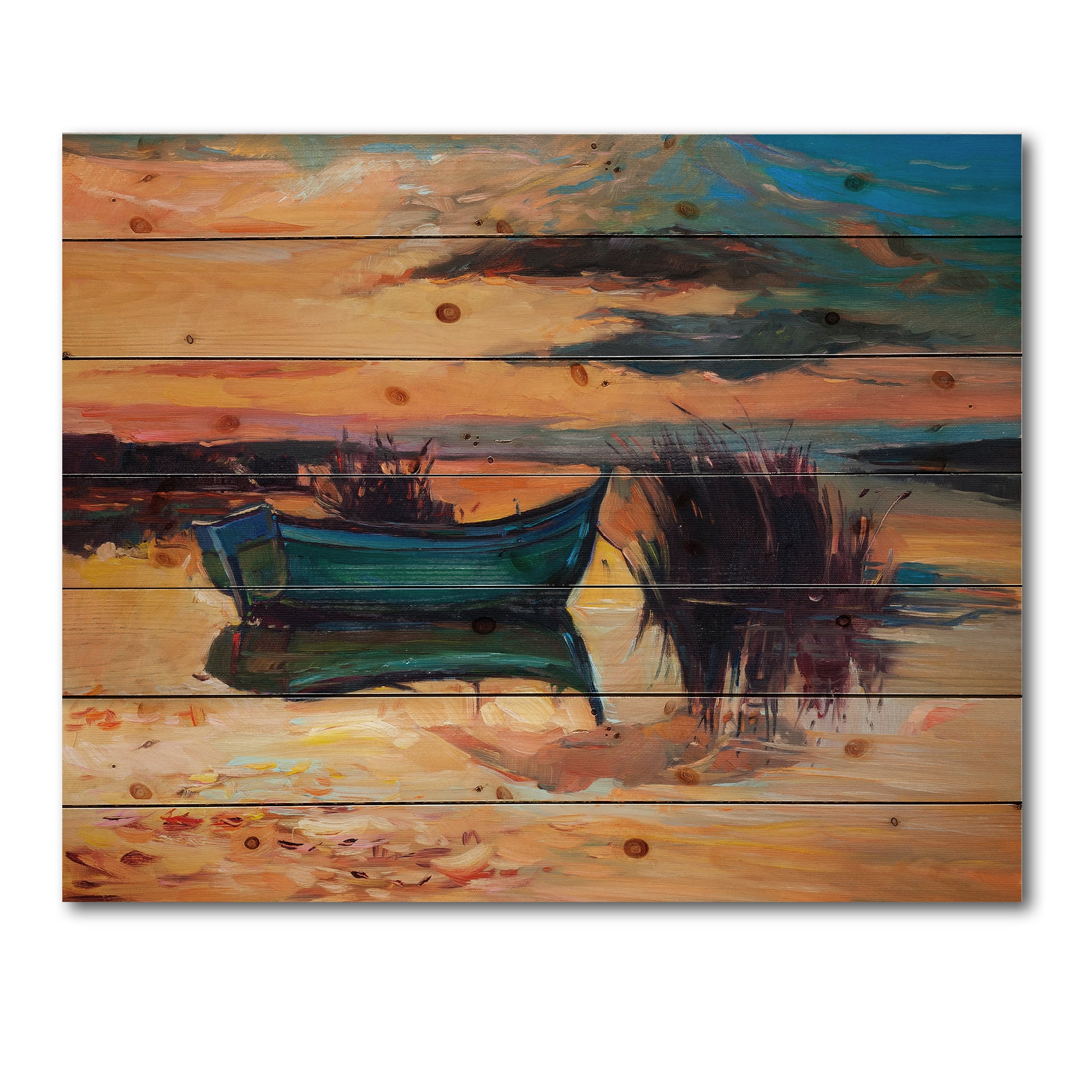 Designart 'Boat At The Lake During Evening Glow I' Nautical & Coastal Print on Natural Pine Wood