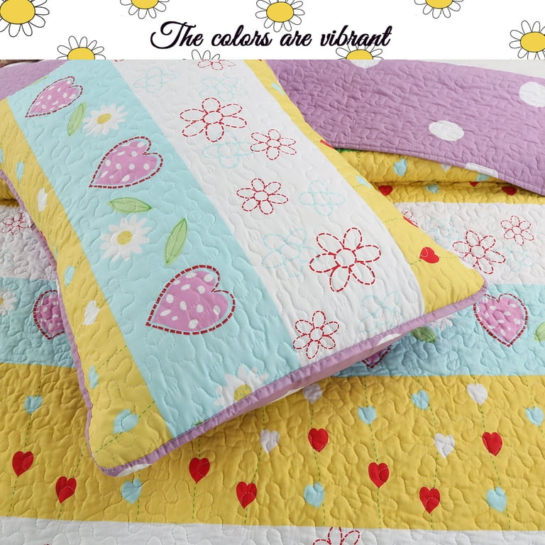 Cozy Line Floral Heart Reversible Kids Bedding Quilt Set, Full