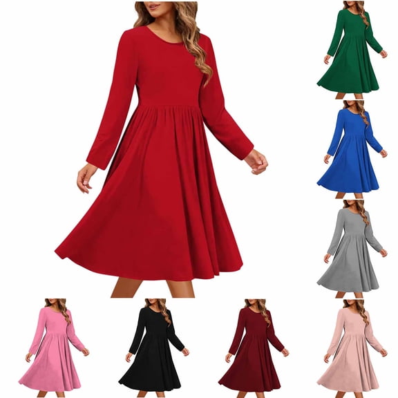 Mgmyaa Women's Printed Long Sleeve Dress Round Neck Pocket Casual Loose Fit Fashion Dress