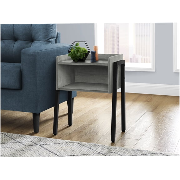 Grey Modern Accent Table with Storage Cubby, Black Metal Legs Side End Table for Living Room Bedroom