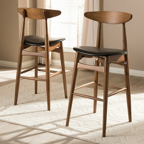 Modern Bar Stool Set Walnut Finish Faux Leather Cushioned Seating - 2 Piece