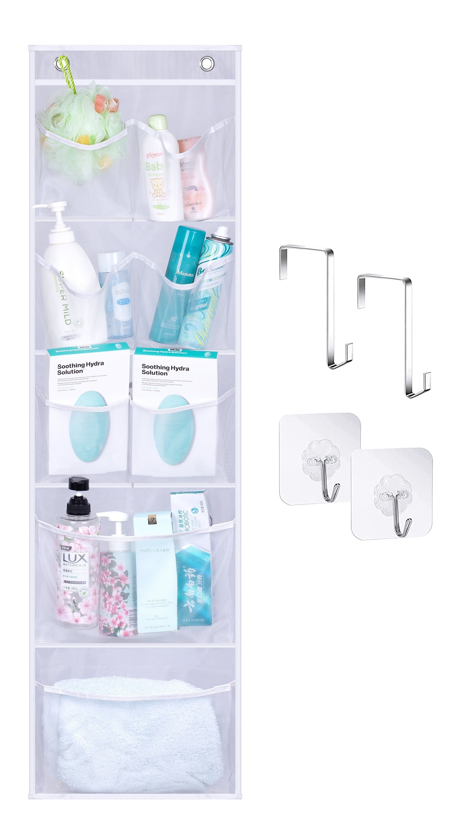 MISSLO Over the Door Mesh Shower Organizer 8 Large Pockets Hanging Bathroom Shower Caddy with Hooks Wall Bath Storage Bag, White