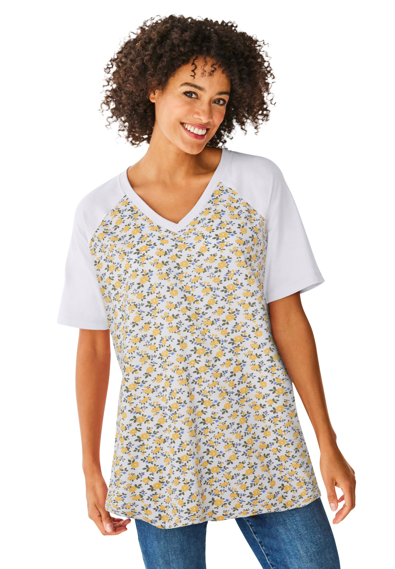 Woman Within Women's Plus Size Elbow Sleeve VNeck Baseball Tee