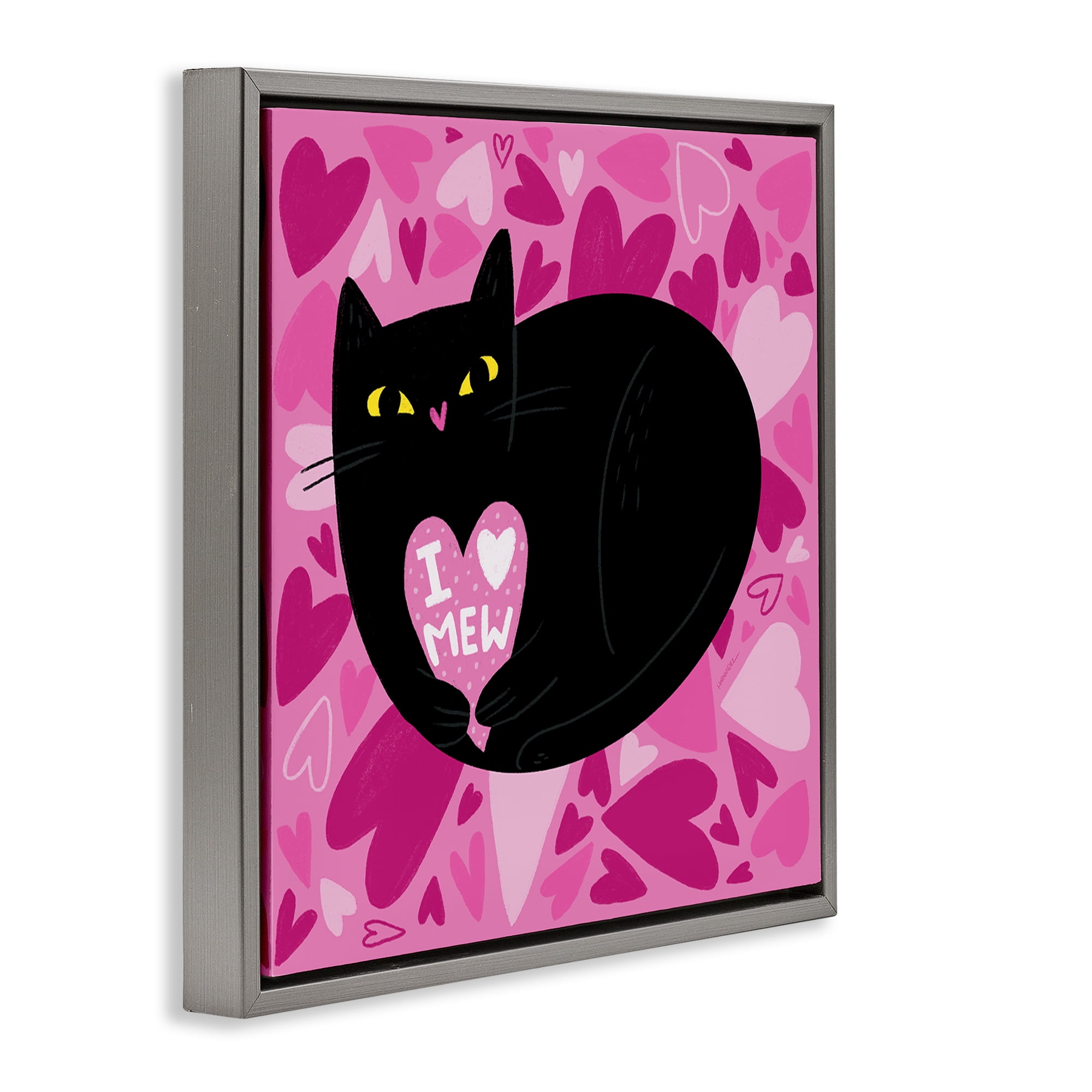 Stupell Industries I Love Mew Black Cat Animals Painting Gray Floater Framed Canvas Art Print Wall Art, 18 x 18