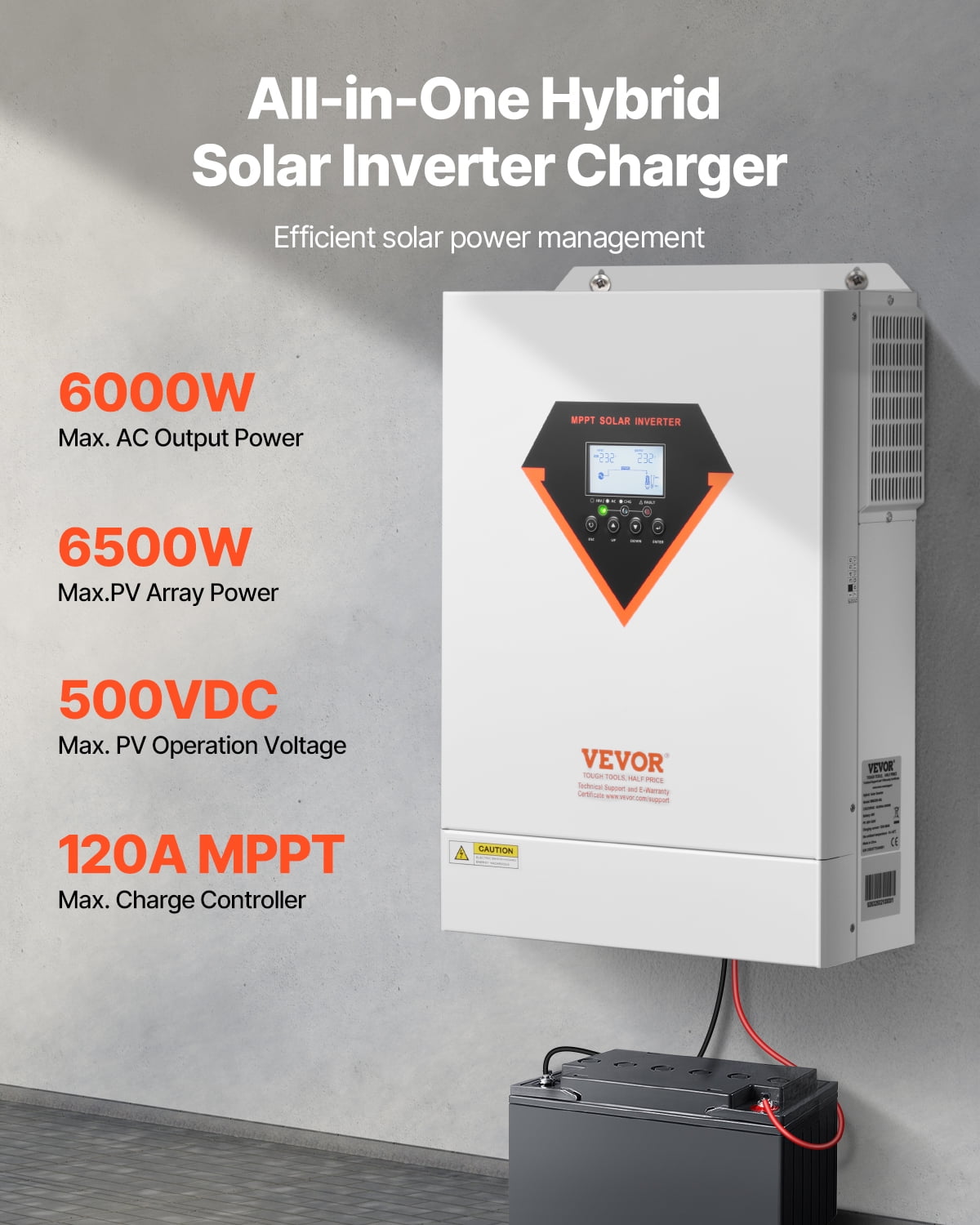VEVOR Hybrid Solar Inverter, 6000W, All in One Pure Sine Wave Power Inverter Charger, 48V DC to 220/230V AC, with Built-in 120A MPPT Solar Controller, for off-Grid System Lead Acid Lithium Battery