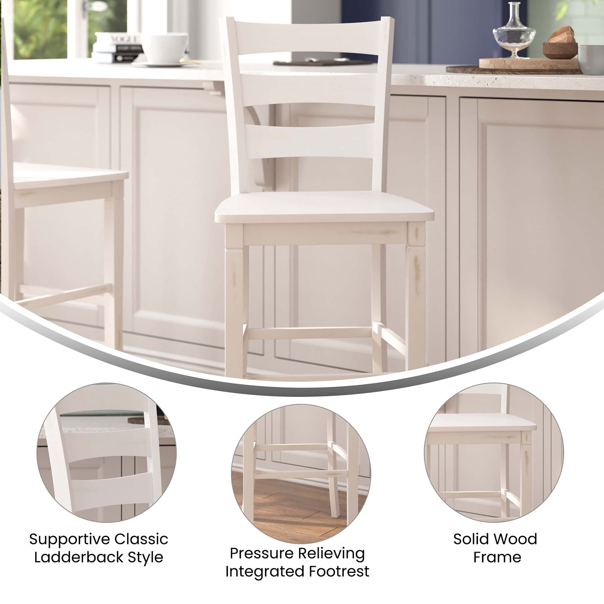 2 Piece Bar Stool, Slatted Design Back, White