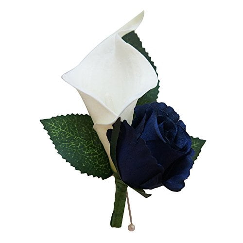 Navy Blue White Rose Calla Lily Bridal Wedding Bouquet & Boutonniere 