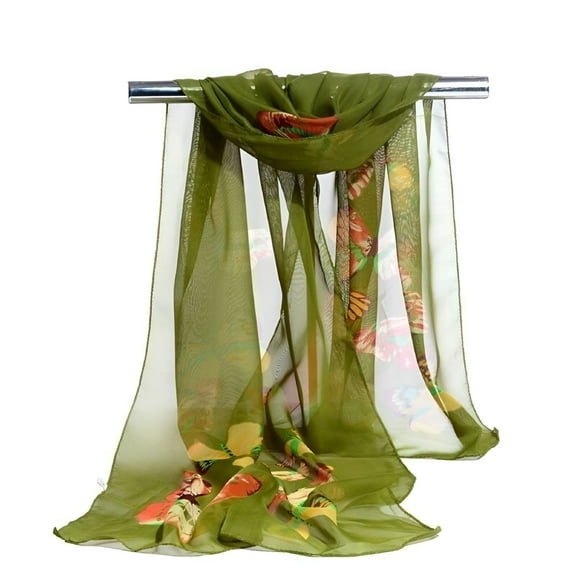 TELOLY Women Fashion Soft Wrap Shawl Silk Butterfly Flower Print Long Chiffon Scarf GREEN