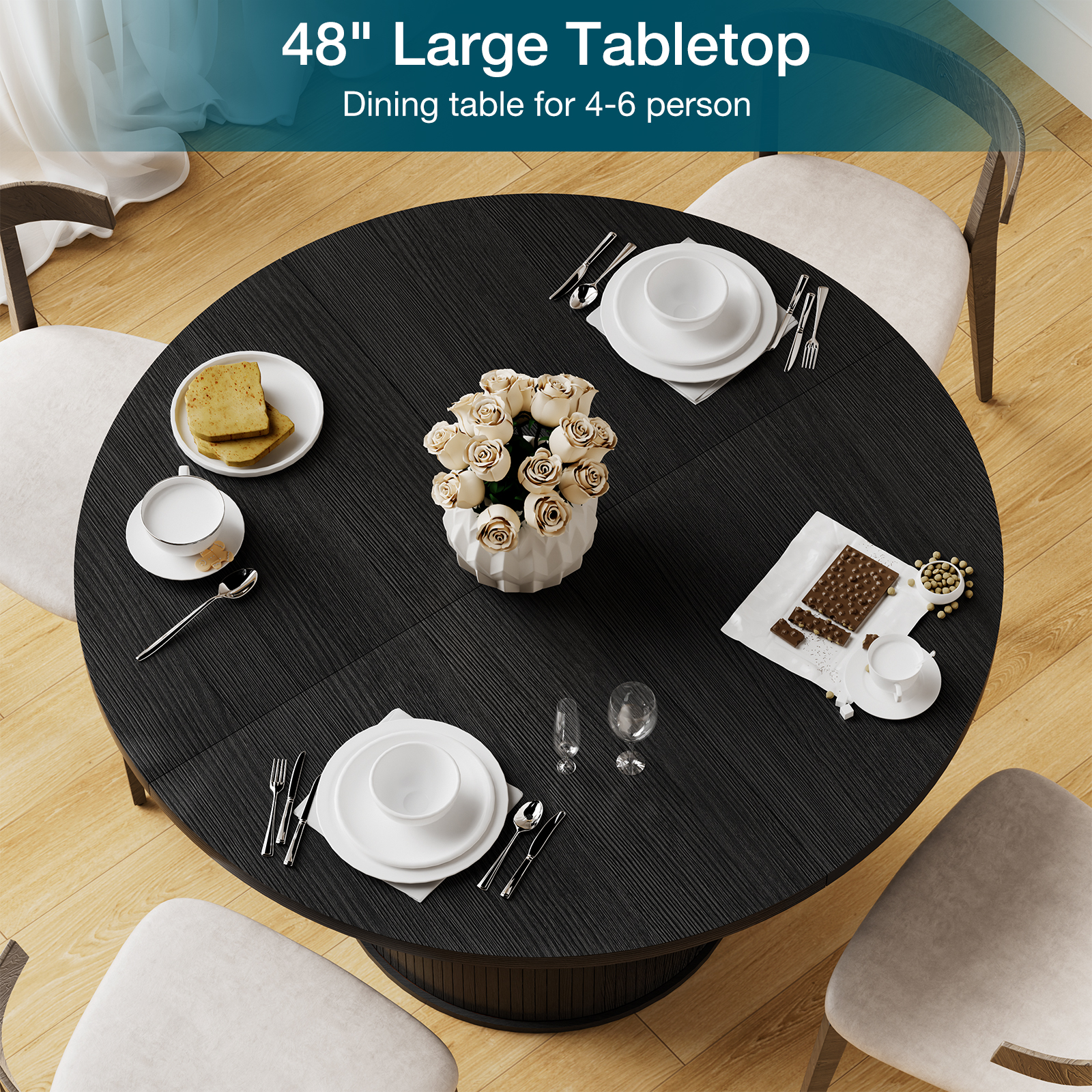 Hommpa 48" Round Dining Table with Storage,Morden Kitchen Table Wood for 4 with 2-Layer Storage Shelves and Wood Slide Door for Kitchen Living Room,Heavy Duty Pedestal Base,Black