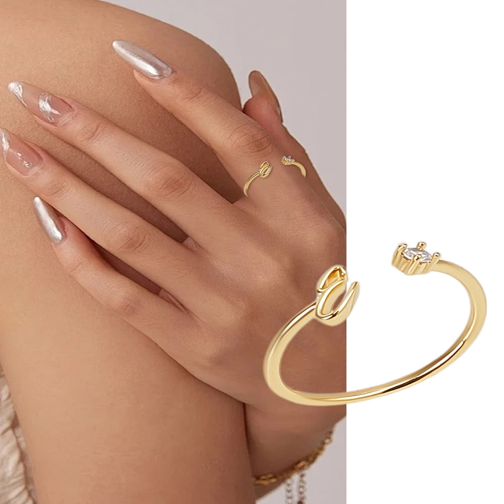 1Pcs Letter Brass Rhinestone Open Cuff Rings Golden A-Z Initial Open Ring for Women Personalized Jewelry Gifts DIY Letter E