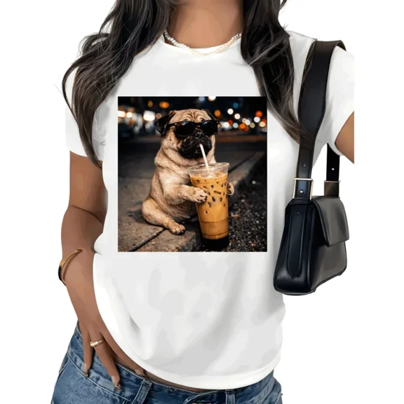 UNISHE Women's Pug Boba Tea Graphic Short Sleeve T-Shirt Breathable Cotton Crewneck Dog Lover Top S-5XL