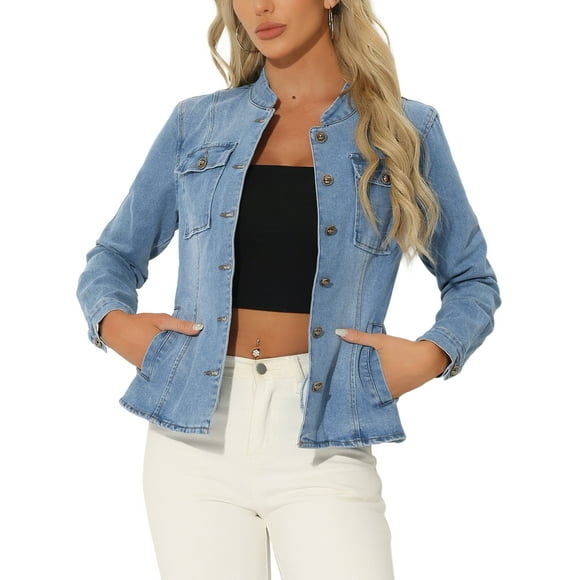INSPIRE CHIC Women's Denim Jacket Stand Collar Long Sleeves Flap Pockets Jean Jacket Light Blue M