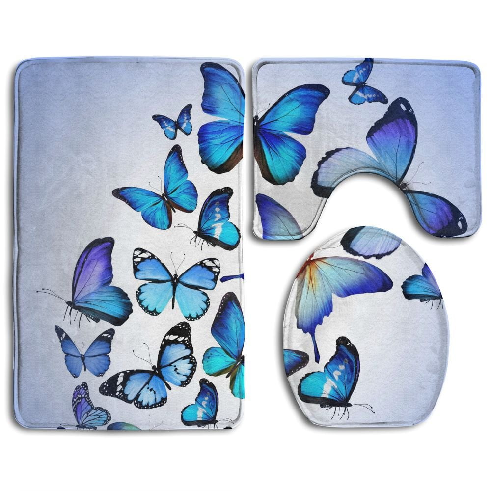 CHAPLLE Blue Butterflies 3 Piece Bathroom Rugs Set Bath Rug Contour Mat