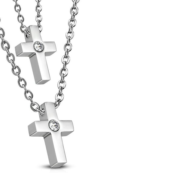 Stainless Steel Gold-Tone Clear CZ Double Chain Religious Cross Pendant Necklace
