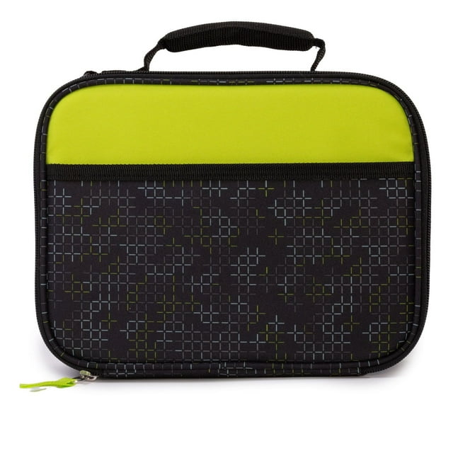 Jetstream insulated kids' lunch box in black with green accents, designed for school use with a top handle and zippered closure.