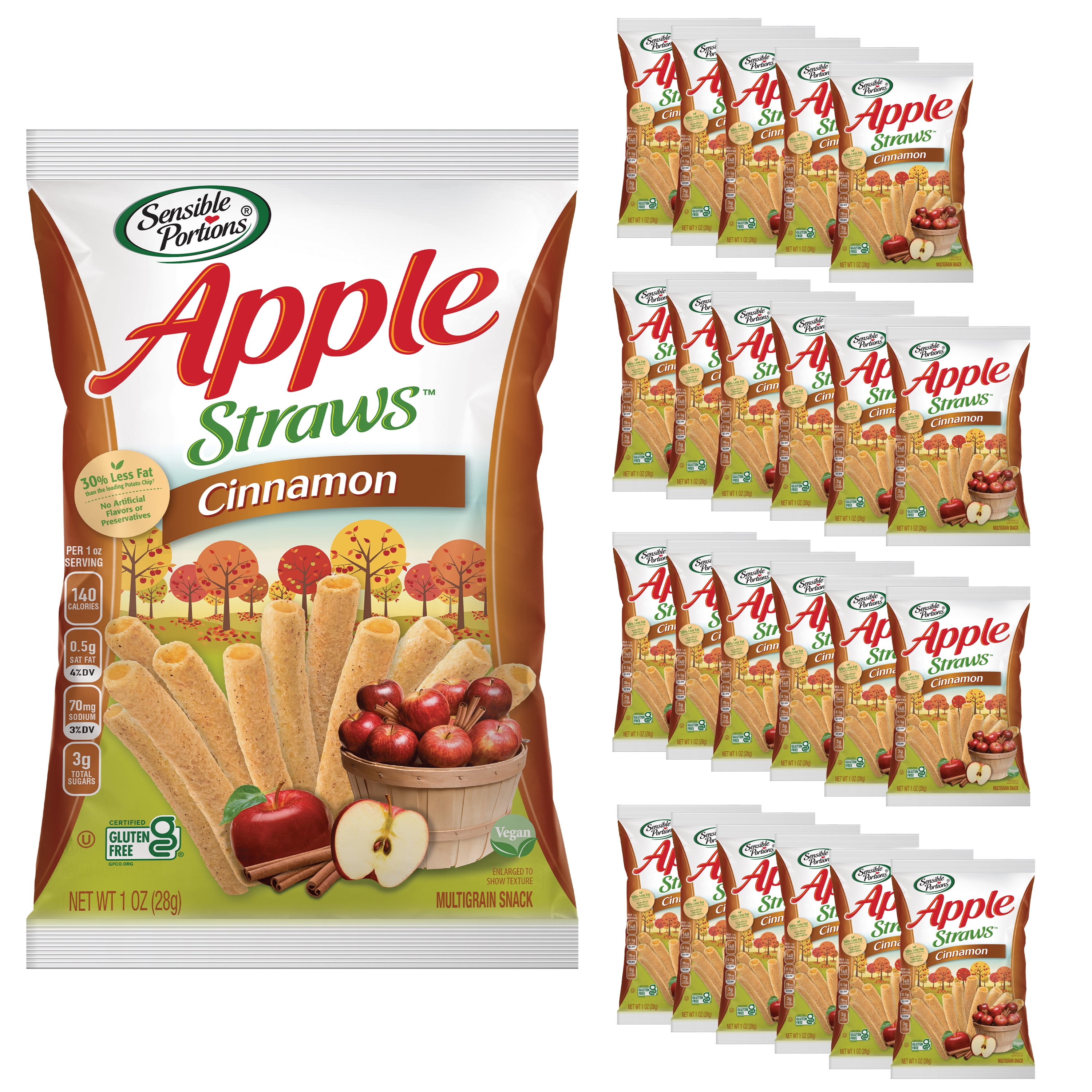 Sensible Portions Gluten-Free Cinnamon Apple Straws Multipack, 1 oz Snack Bag, 24 Count