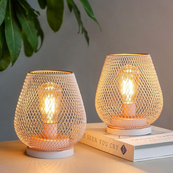 Set of 2 Medium Battery Powered Outdoor Lantern 6.5'' High Metal Cage Table Lamp with LED Edison Bulb for Home Wedding Parties Patio Event Indoor Outdoor(Pink)